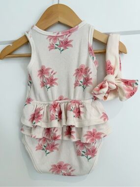 Angel Dear Cream Romper and Knotted Floral Headband - Pink Flowers 6-12m